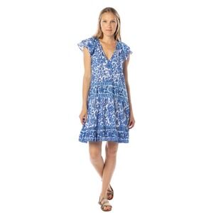 NEW Bindu Carolina Mini Dress Womens Size M Blue White Floral Boho Coastal